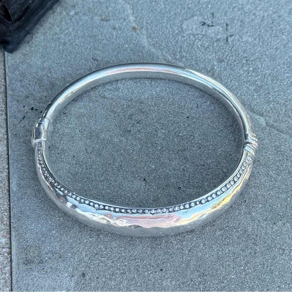 925 Sterling Hammered Bangle Bracelet - Textured Beaded Edge Cuff